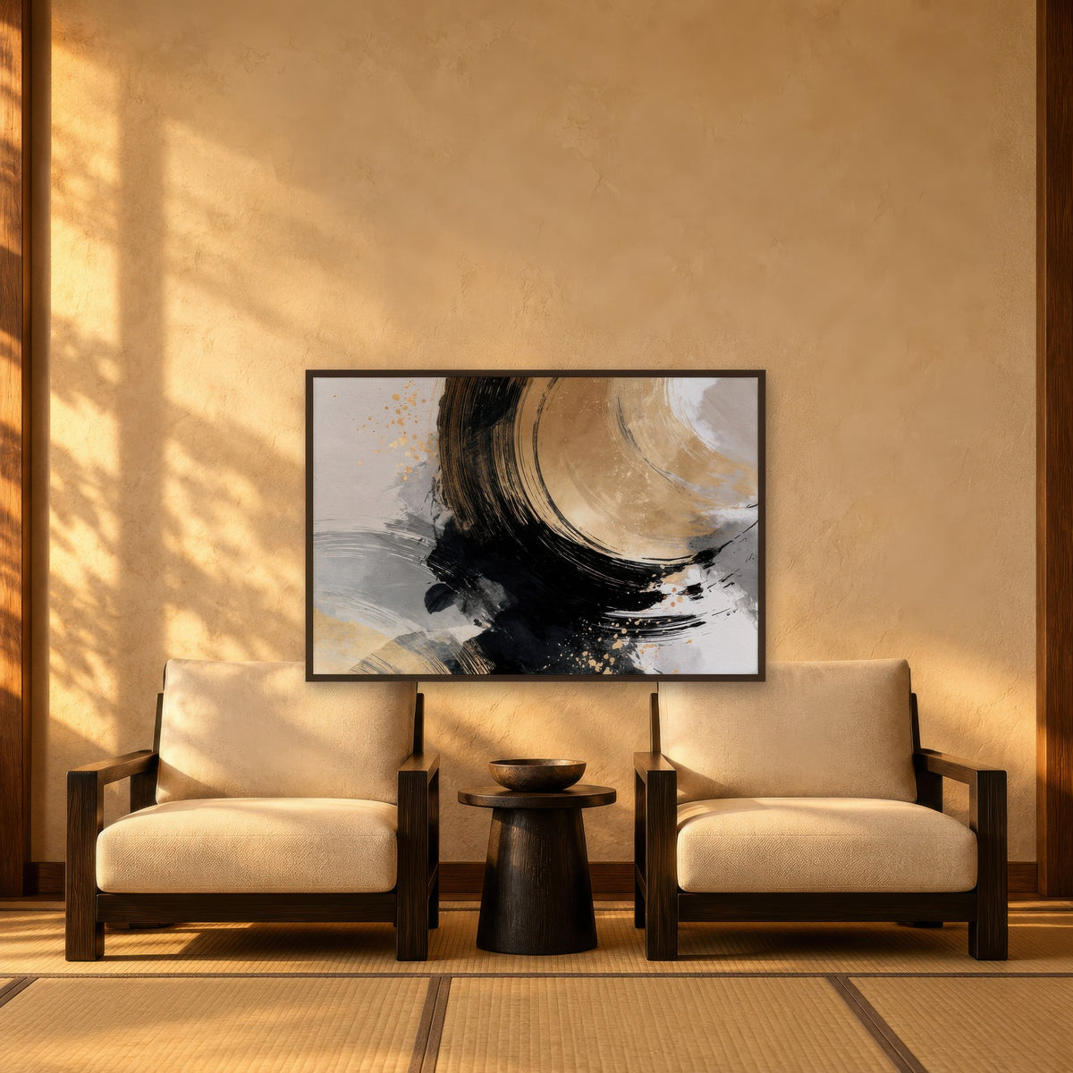 Gold and Black Ensō Abstract japandi wall art in a den