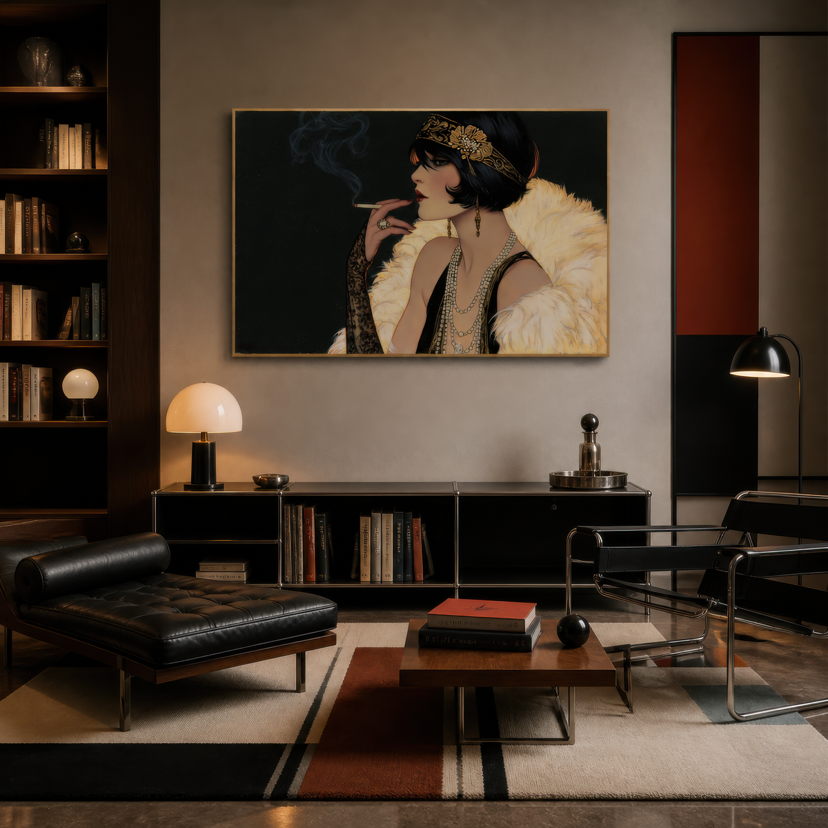 Jeweled flapper portrait above a black leather bench sofa with built-in shelves and a red rug