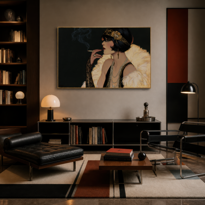 Jeweled flapper portrait above a black leather bench sofa with built-in shelves and a red rug