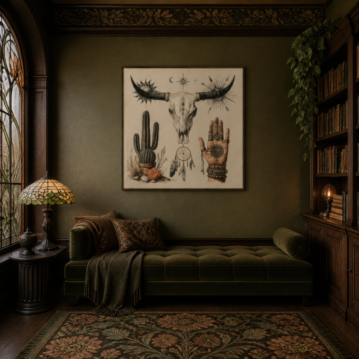 Bull Skull and Desert Talisman Collage – Boho Wall Art