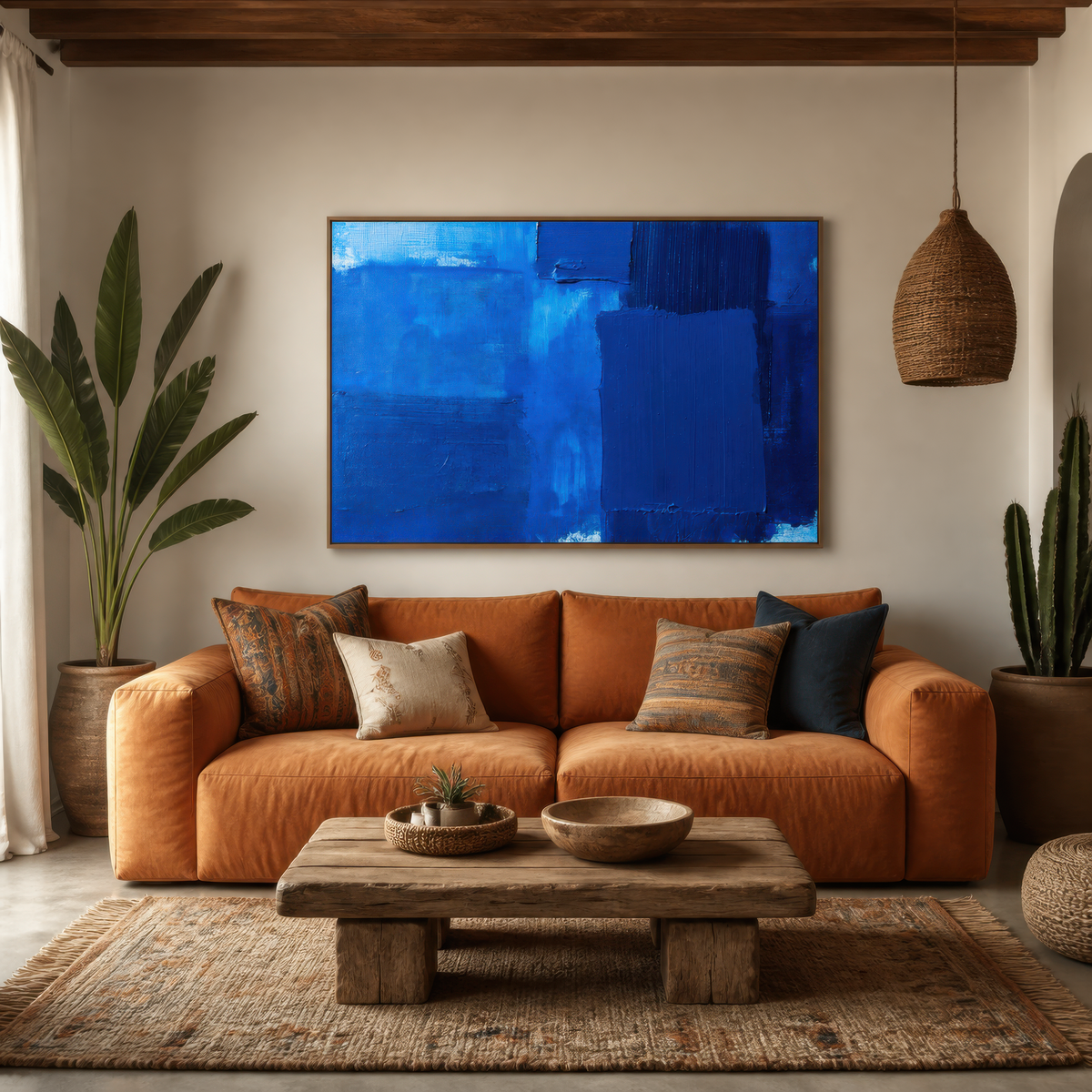 Large cobalt and navy blue abstract artwork above a rust leather sofa in a living room with plants