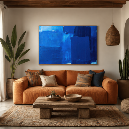 Large cobalt and navy blue abstract artwork above a rust leather sofa in a living room with plants