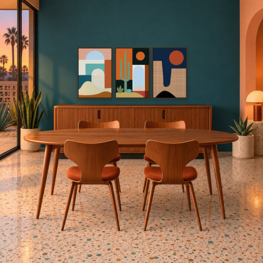 Abstract Arch and Dune Illustration mid-century modern wall art in a dining room
