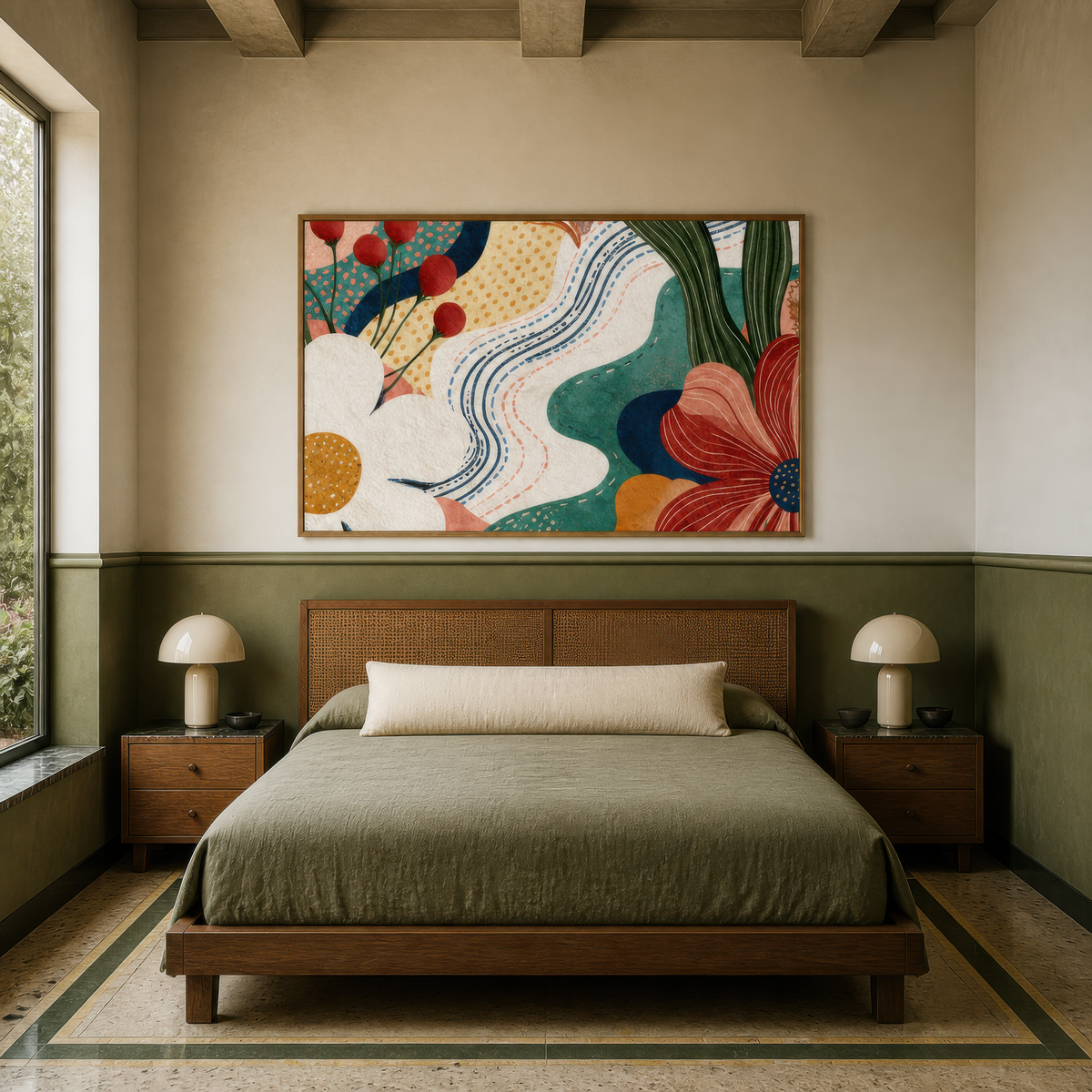 Abstract garden path artwork above a wood bed with olive bedding and sphere lamps