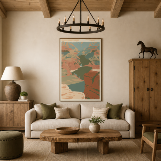 Canyon rim ledge poster above a cream sofa beside a pine cupboard under an iron chandelier