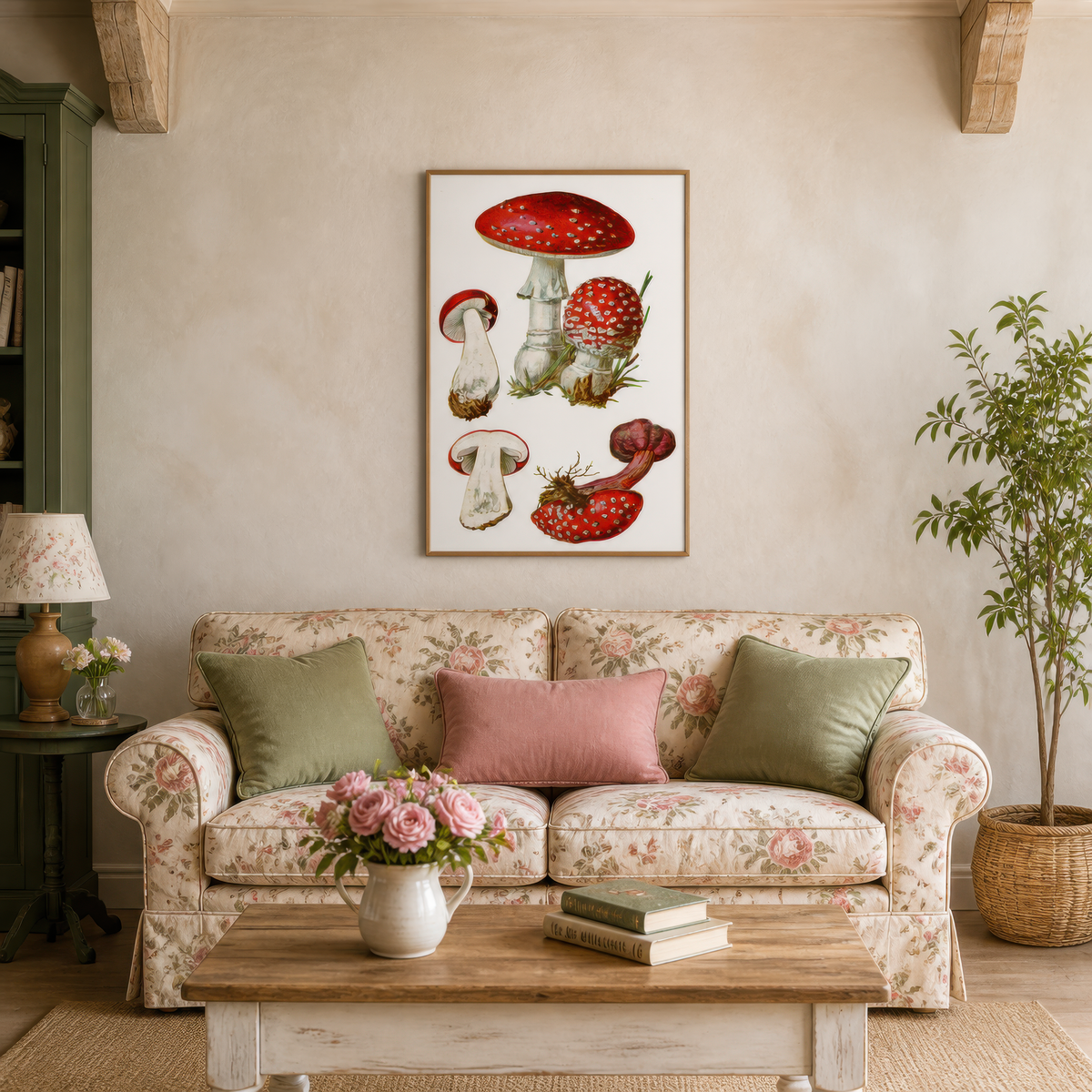 Vintage Fly Agaric Mushroom Plate wall art print staged in a room