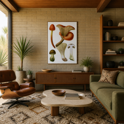 Antique Wild Mushroom Illustration wall art print, alternate room view