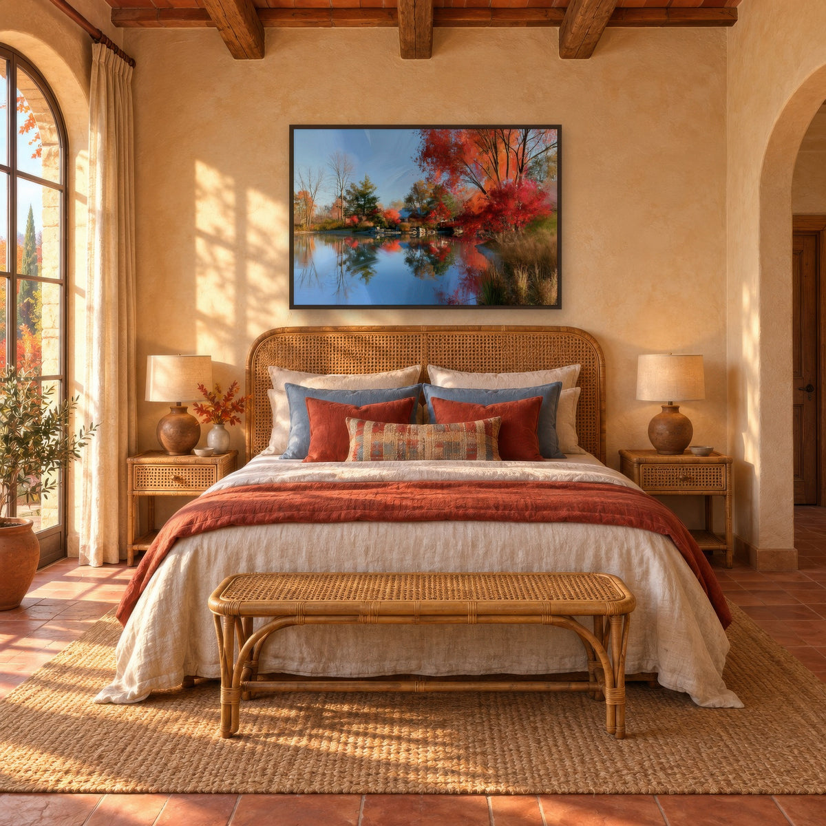Autumn Lake Reflection impressionist wall art in a bedroom