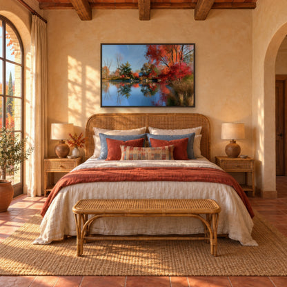 Autumn Lake Reflection impressionist wall art in a bedroom
