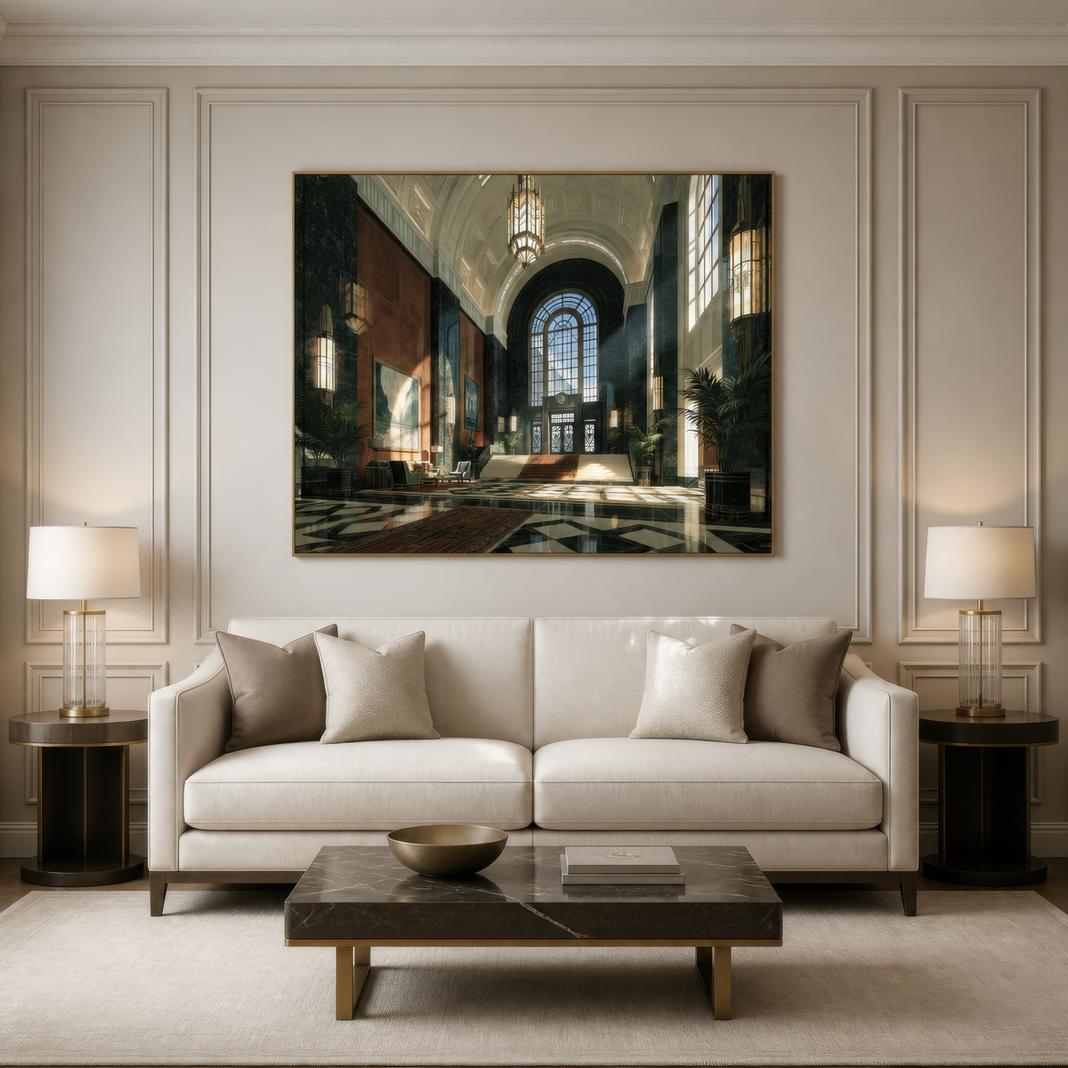 Grand deco atrium above a cream sofa with a dark wood coffee table and table lamps