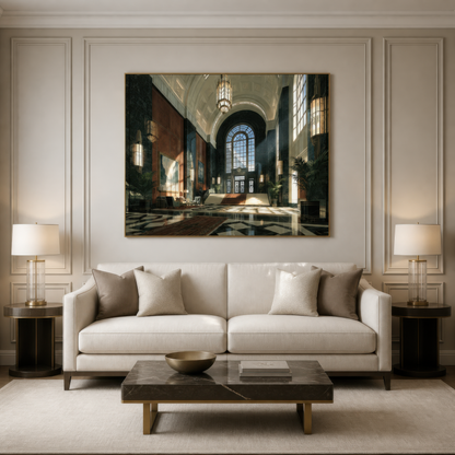 Grand deco atrium above a cream sofa with a dark wood coffee table and table lamps