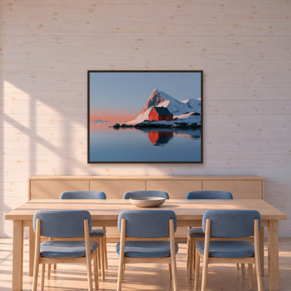 Fjord Cabin at Sunset scandinavian wall art in a dining room