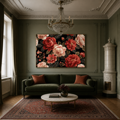 Dark Peony Pattern on Black wall art print, alternate room view