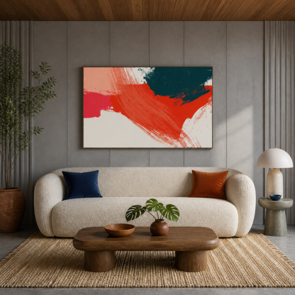 Large red-orange and teal brushstroke abstract artwork above a curved white sofa in a living room
