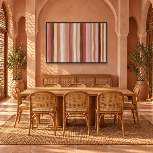 Terracotta and Rose Stripes boho wall art in a dining room