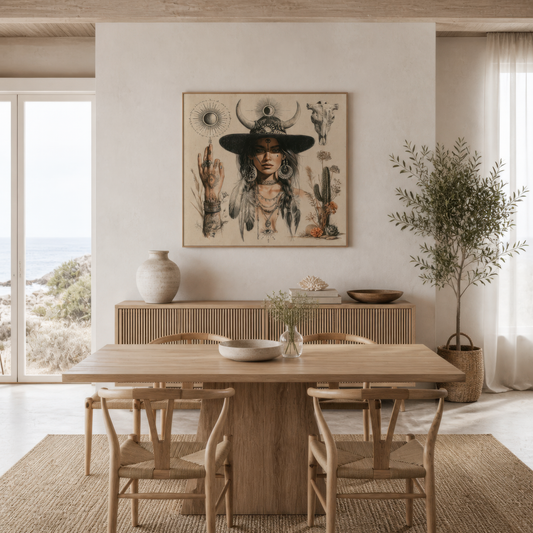 Desert oracle portrait above a pale wood dining table with wishbone chairs and an olive tree