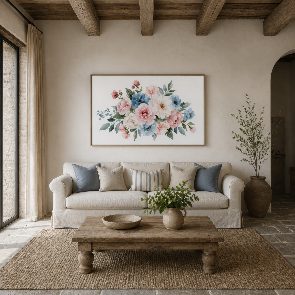 Blush and Dusty Blue Bouquet wall art print, alternate room view
