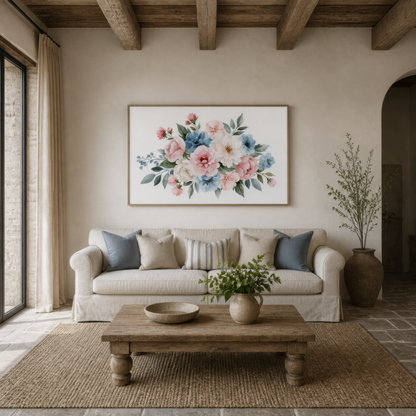Blush and Dusty Blue Bouquet wall art print, alternate room view