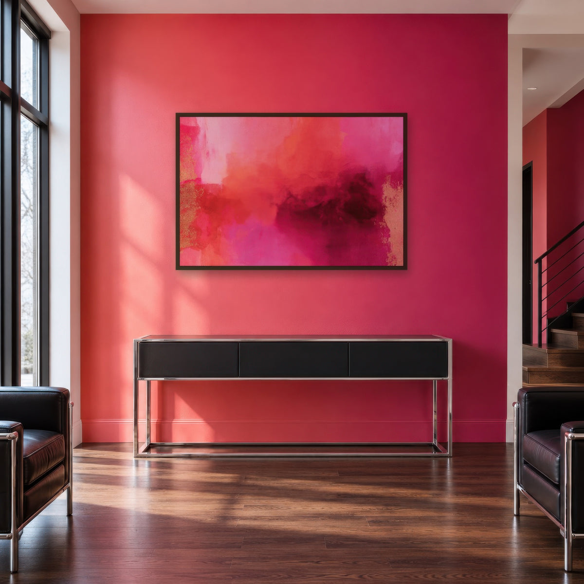 Magenta and Burgundy Cloud Abstract wall art in an entryway