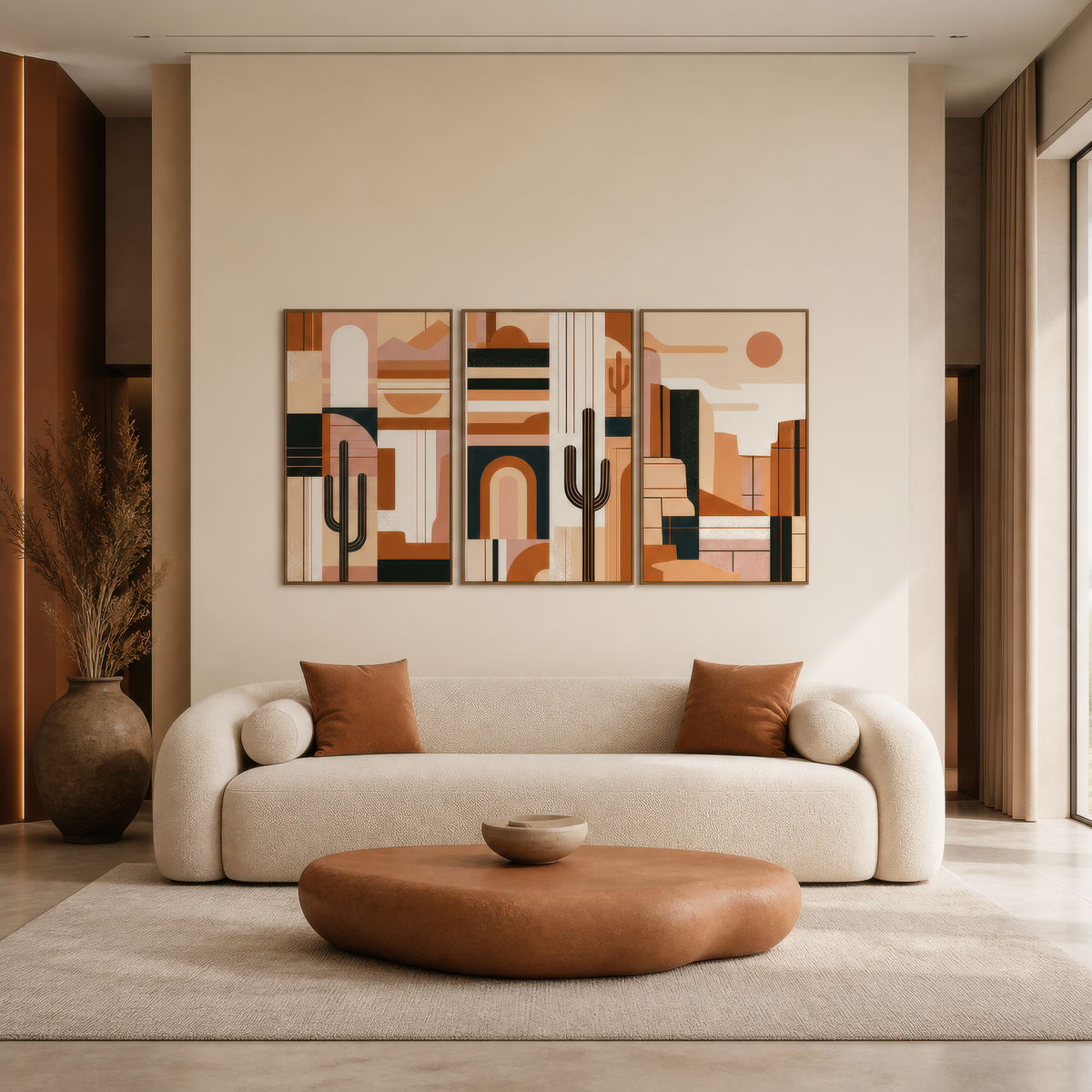 Abstract Desert Triptych with Cacti wall art print staged in a room