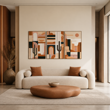 Abstract Desert Triptych with Cacti wall art print staged in a room