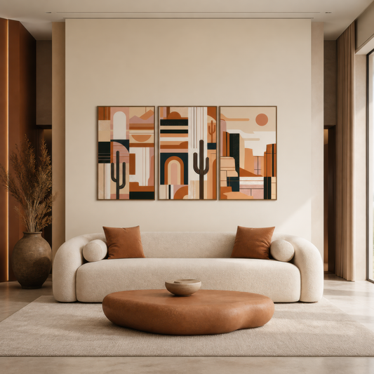Abstract Desert Triptych with Cacti wall art print staged in a room