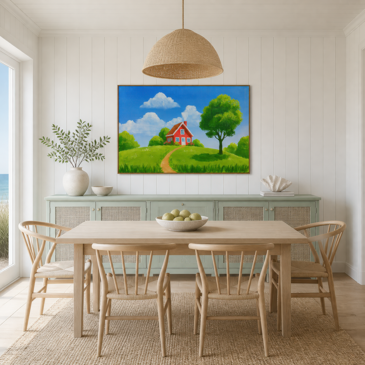 Red cottage on the green above a pale wood dining table with white spindle chairs
