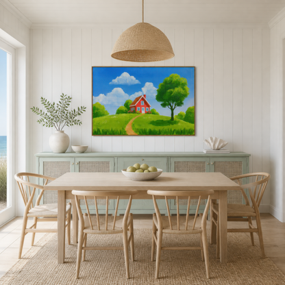 Red cottage on the green above a pale wood dining table with white spindle chairs