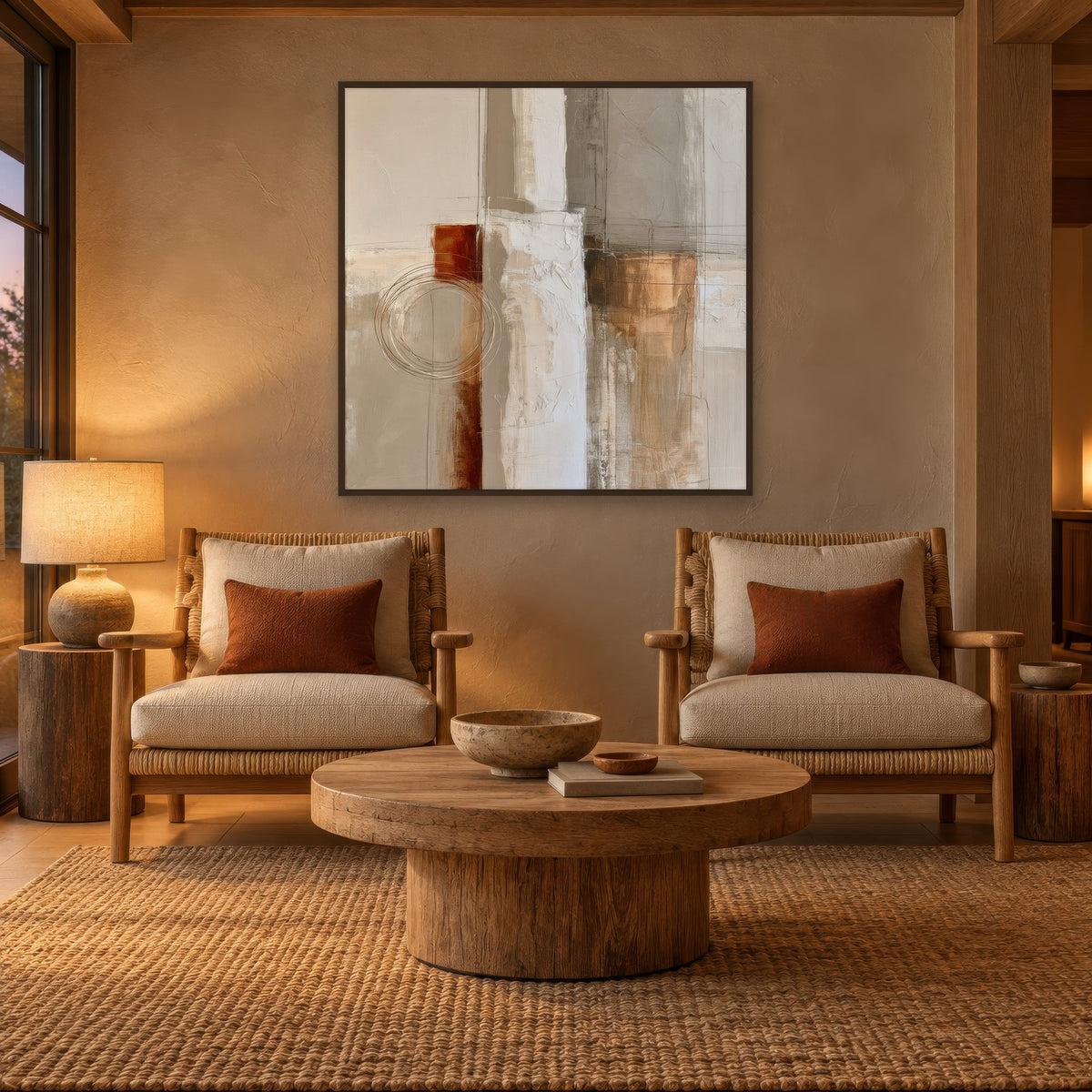 Drawn Rings and Copper Blocks Abstract earthy abstract wall art in a den