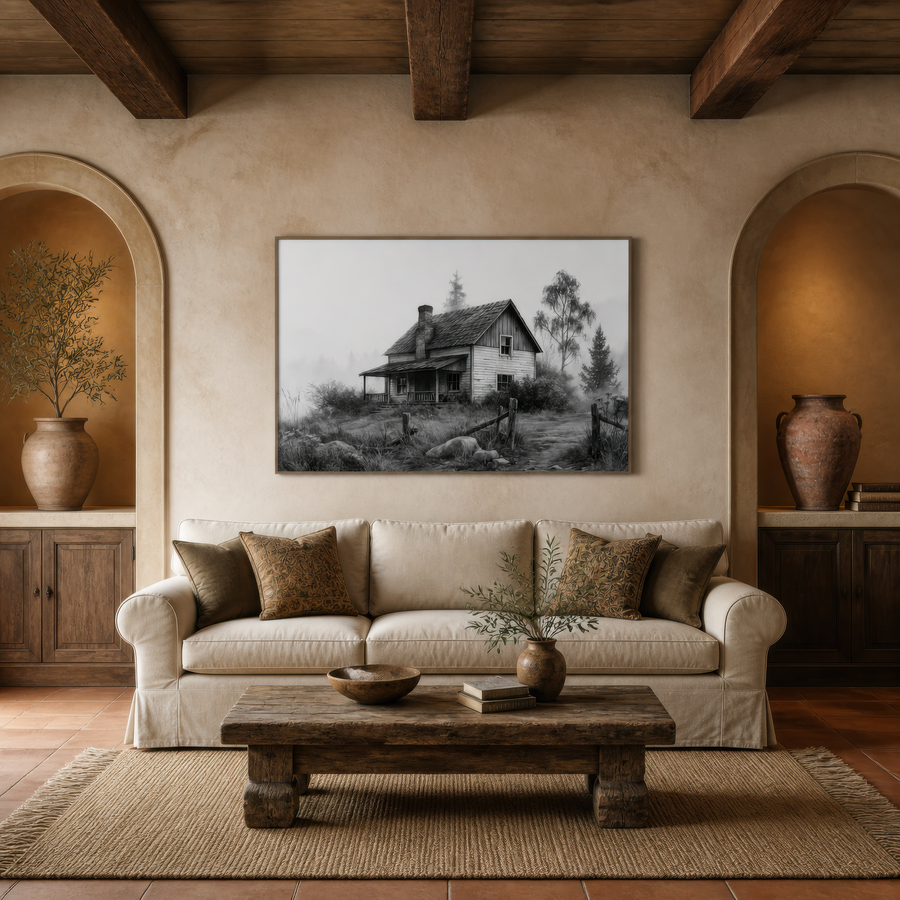 Foggy Farmhouse Cabin – Farmhouse Wall Art