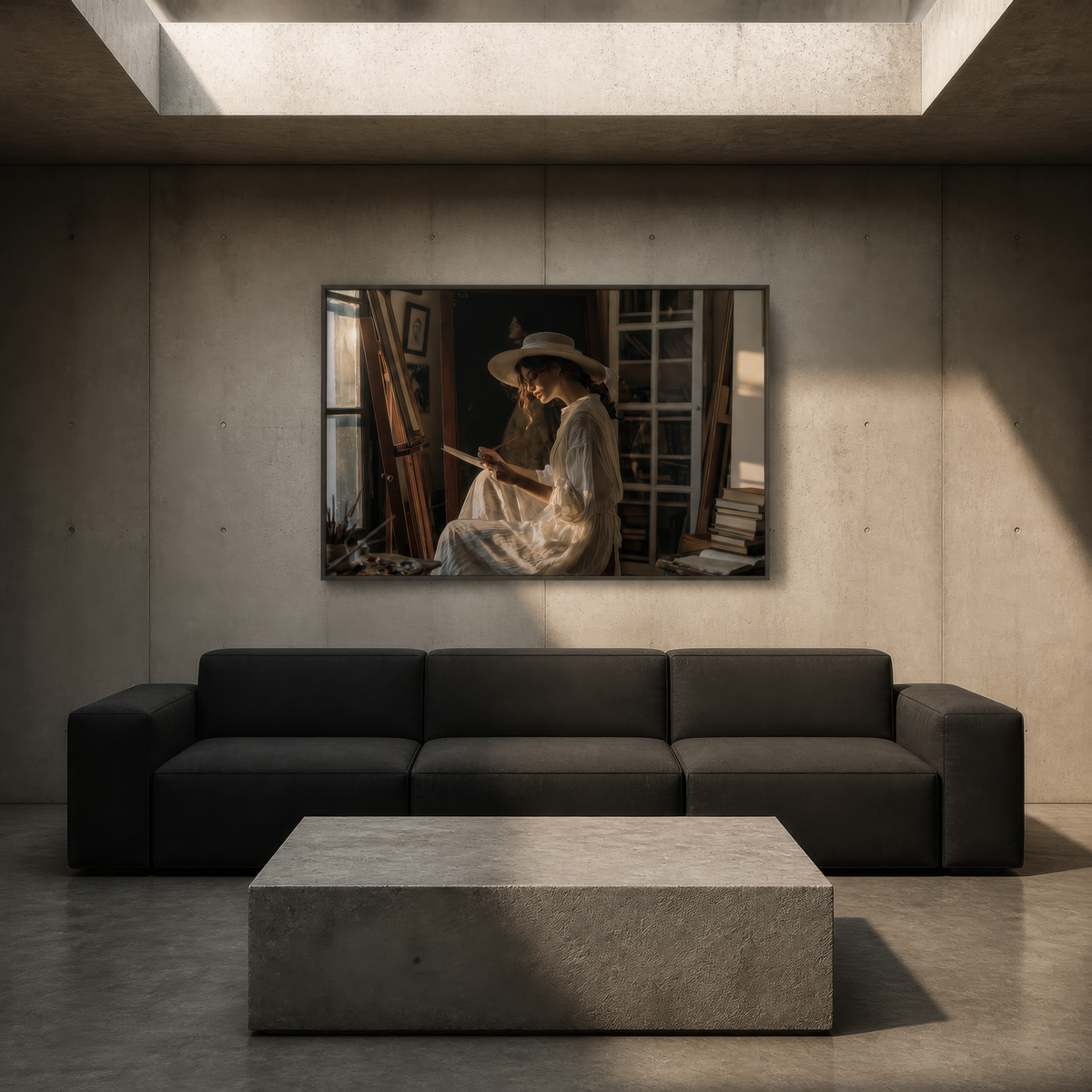 Sketching by the window above a dark grey modular sofa on a concrete wall with a stone table