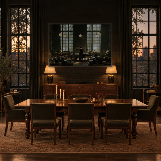 Lone Figure in Shadow dark academia wall art in a dining room