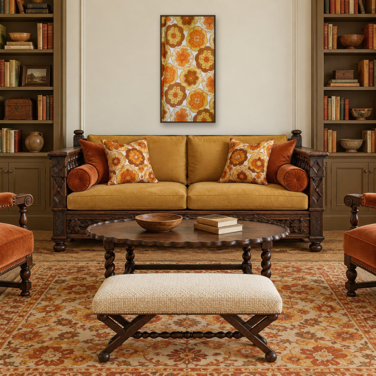Retro 70s Floral Pattern vintage illustration wall art in a living room