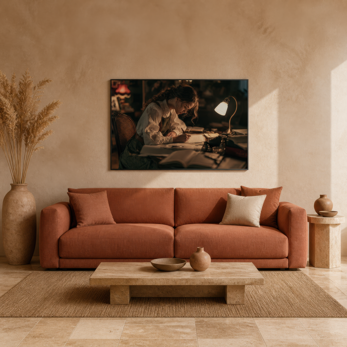 Letters by lamplight above a terracotta sofa with a pale wood table and pampas grass