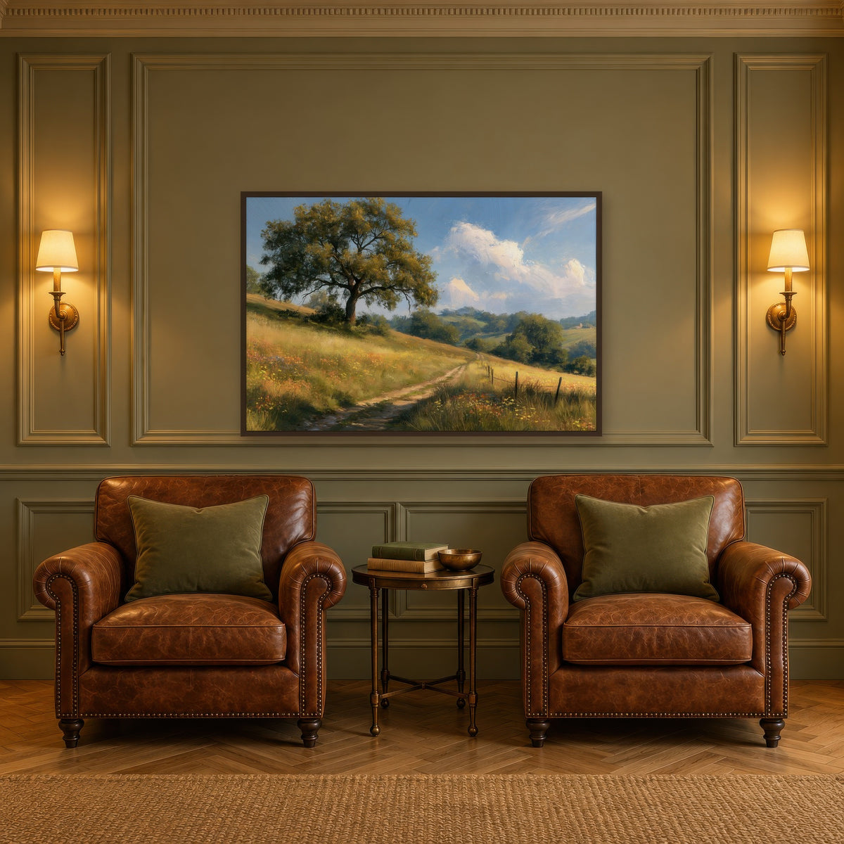 Golden Hillside Path impressionist wall art in a den