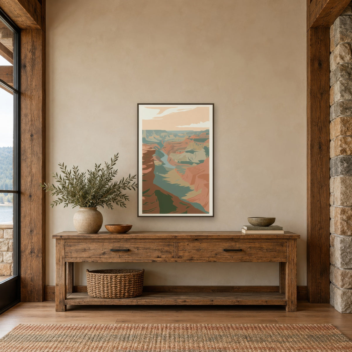 Golden Canyon Abstract Illustration landscape wall art in an entryway