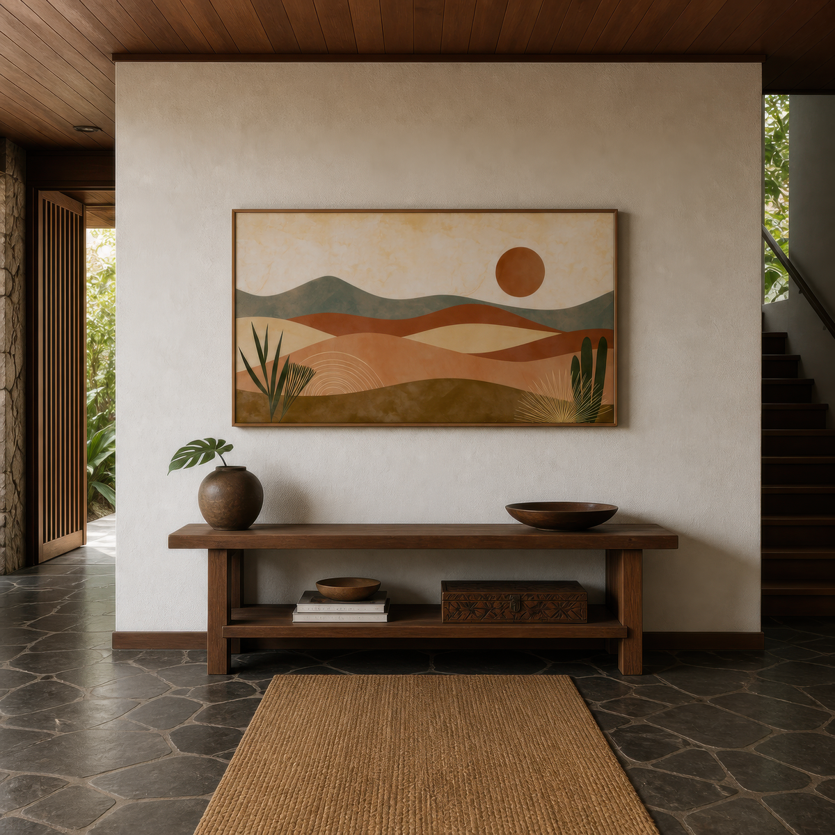 Terracotta desert waves above a wood bench console on a slate floor with a jute rug
