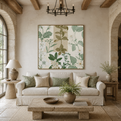Patchwork Botanical Floral Illustration wall art print, alternate room view