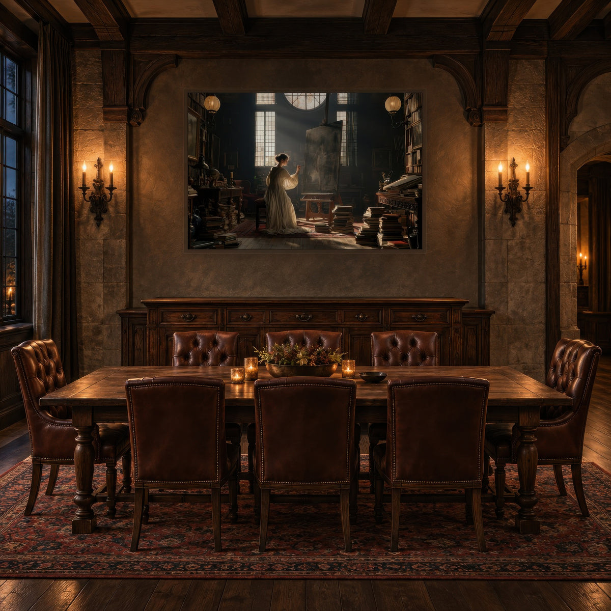 Morning in the Studio dark academia wall art in a dining room