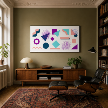 Wide purple and teal Memphis-style abstract artwork above a mid-century wooden media console with a lounge chair