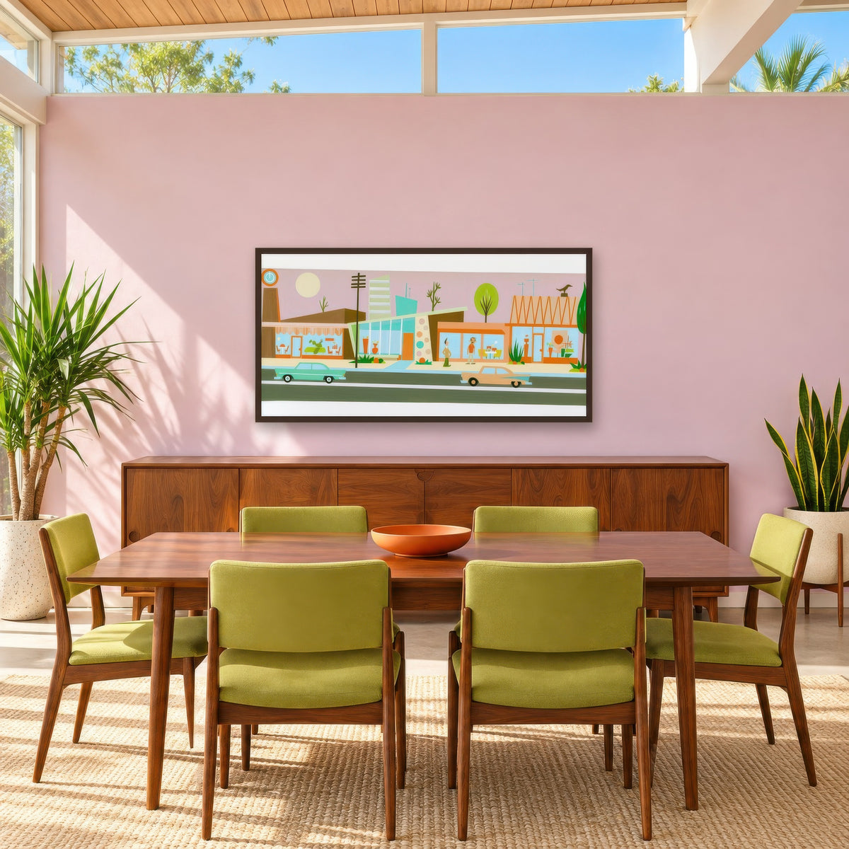 Retro Strip Mall Under a Pink Sky mid-century modern wall art in a dining room