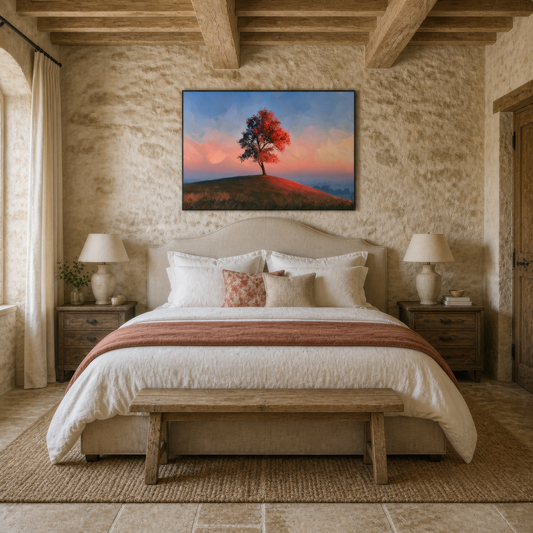 Lone tree at sunset above a cream upholstered bed under wood beams beside a rough stone wall