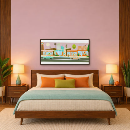 Retro Strip Mall Under a Pink Sky mid-century modern wall art in a bedroom