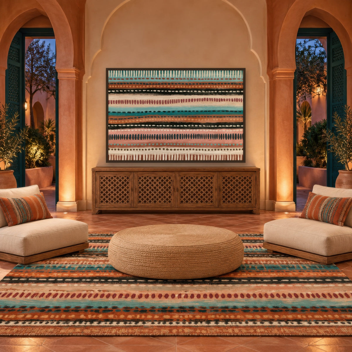 Dash Stripes in Teal and Terracotta boho wall art in an entryway