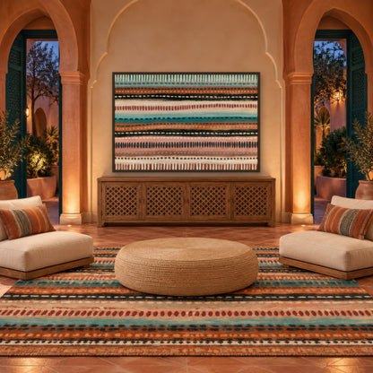 Dash Stripes in Teal and Terracotta boho wall art in an entryway