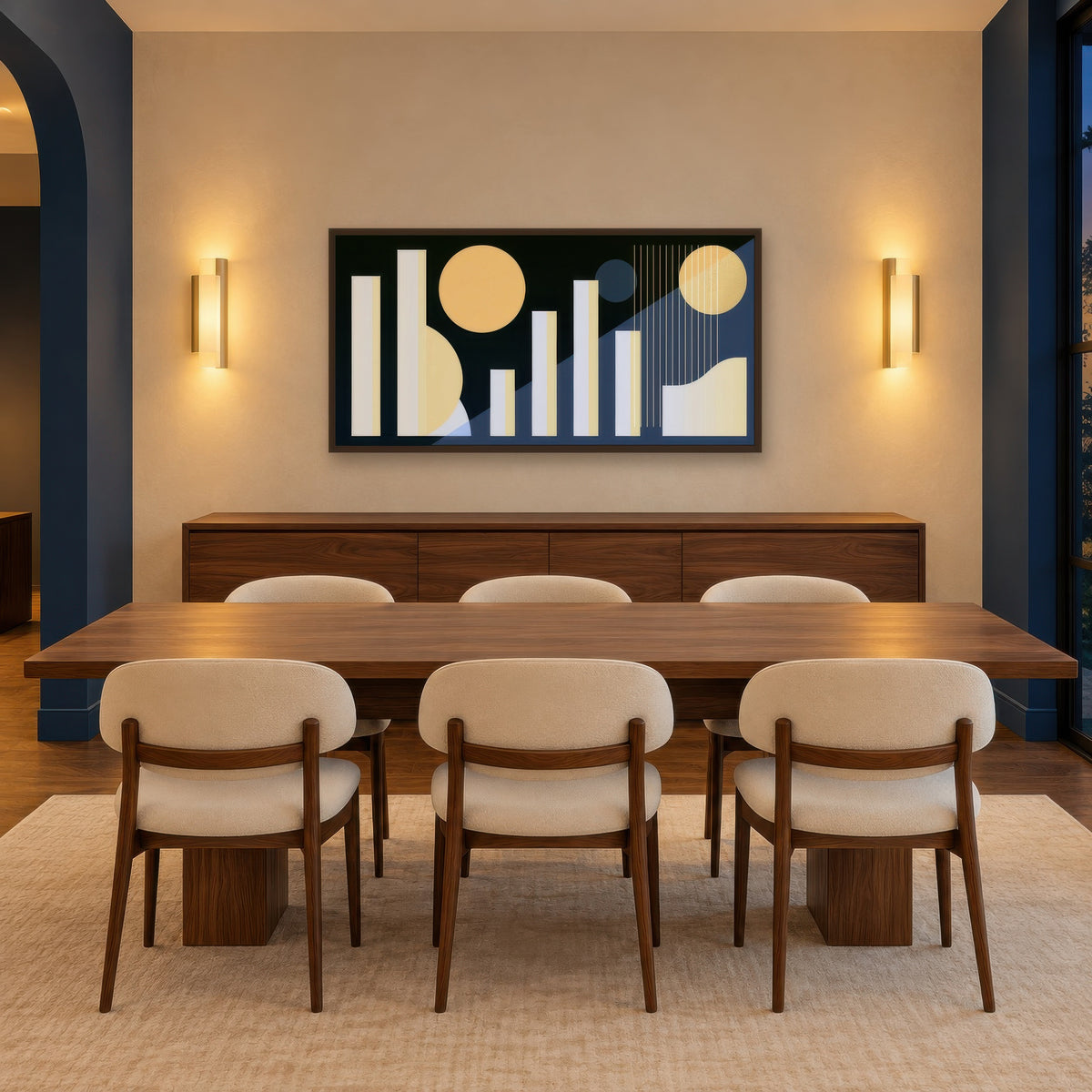 Geometric Suns and Bars Abstract wall art in a dining room