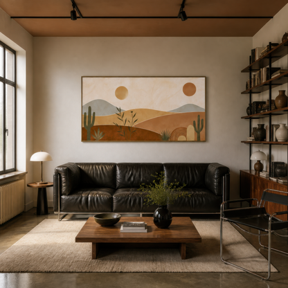 Desert dunes with cacti above a black leather sofa with bookshelves and a wood table