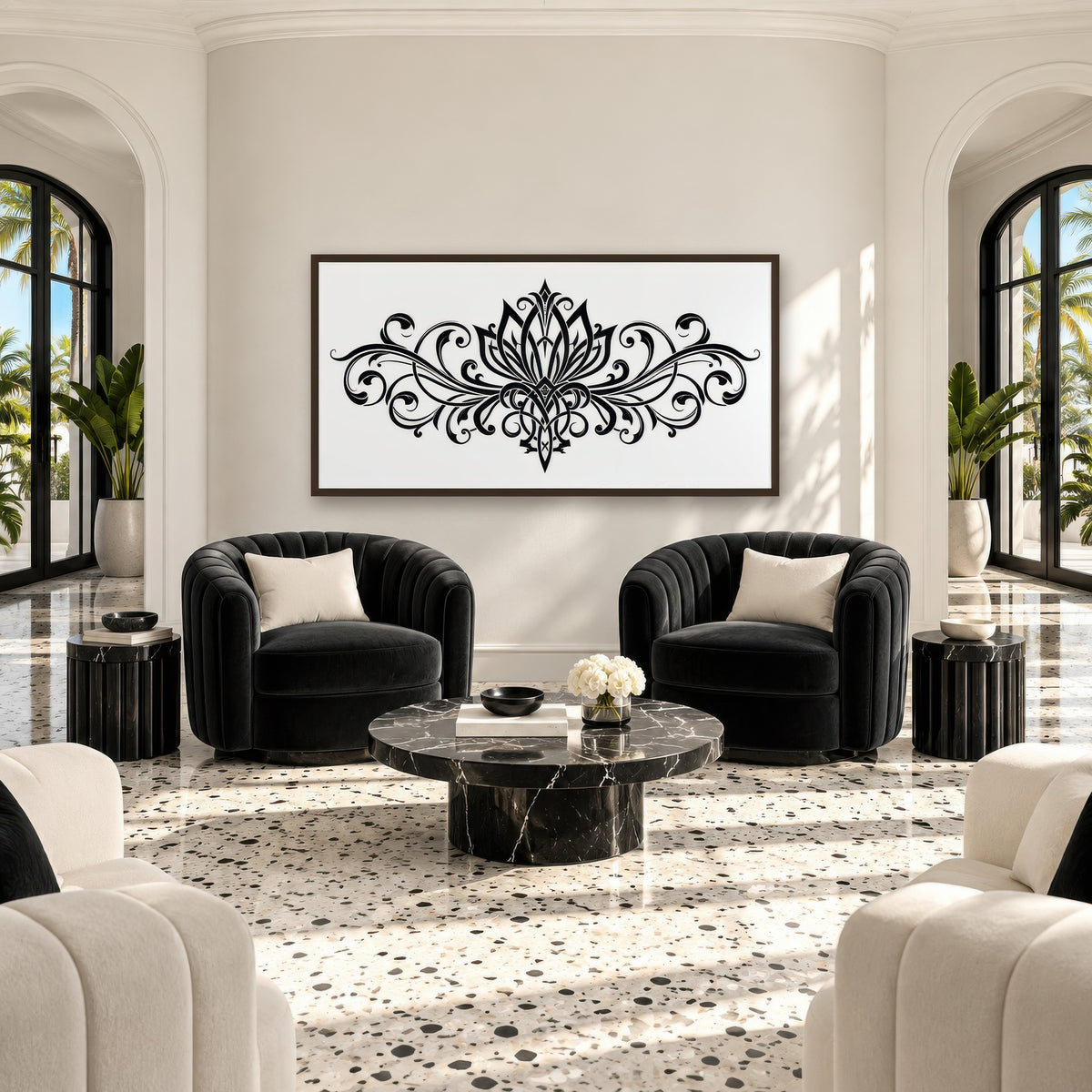Black Lotus Scrollwork art deco wall art in a den