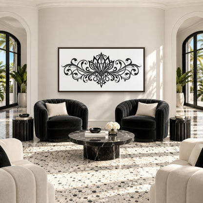 Black Lotus Scrollwork art deco wall art in a den