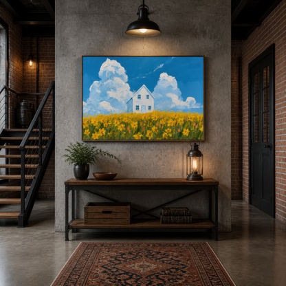 Daffodil field cottage above a dark wood console in an entryway with a red Persian rug